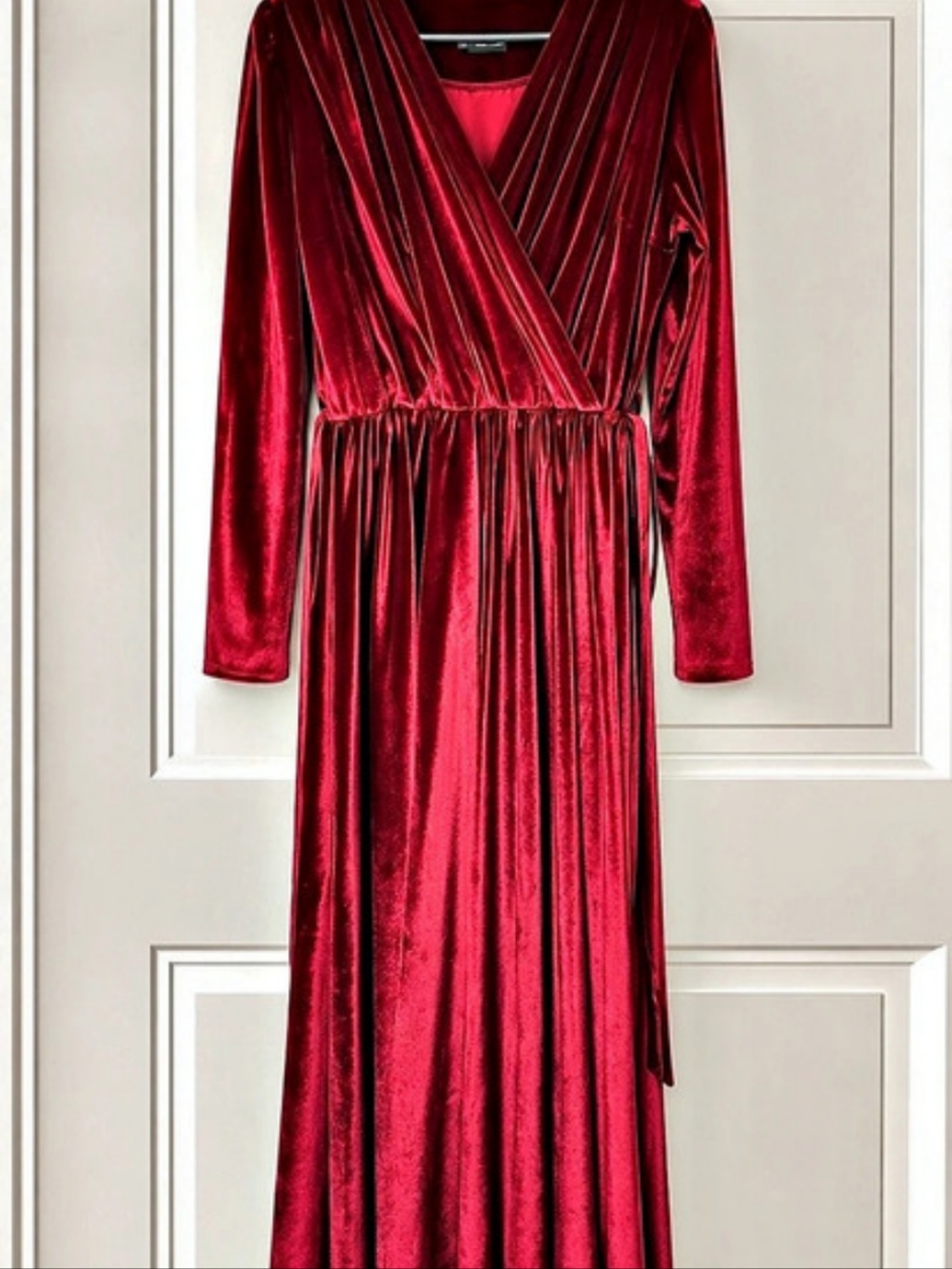 Velvet Dress with Pleats Velvet Wrap Maxi Dress Red